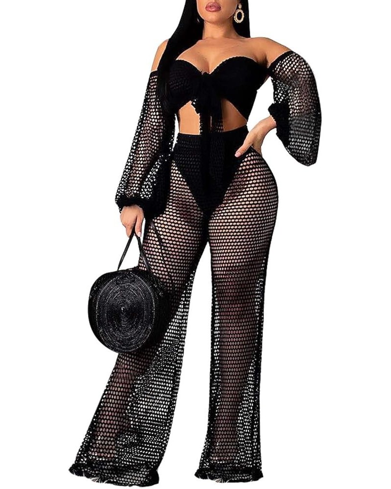 Women Sexy Mesh See Through Crochet Off Shoulder Crop Tops and Legging Pants 2 Piece Bikini Swimsuit Cover-ups Beach Outfits ...