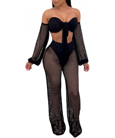 Women Sexy Mesh See Through Crochet Off Shoulder Crop Tops and Legging Pants 2 Piece Bikini Swimsuit Cover-ups Beach Outfits ...