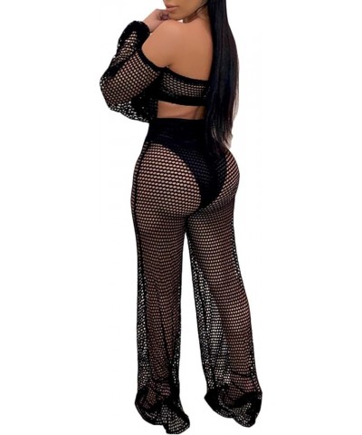 Women Sexy Mesh See Through Crochet Off Shoulder Crop Tops and Legging Pants 2 Piece Bikini Swimsuit Cover-ups Beach Outfits ...