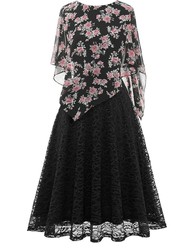 Lace Cape Dress with Chiffon Overlay Knee Length, Cocktail Wedding Guest Midi V-Back Dress Black Flower $14.50 Dresses