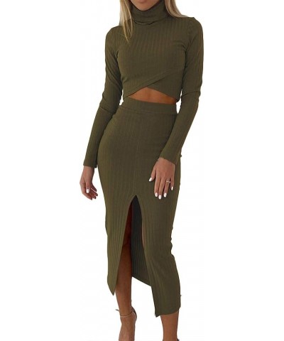 Women's Solid Color Outfits Long Sleeve Turtleneck Crop Top High Waist Split Skirts Bodycon 2 Piece Casual Sets Green $13.56 ...