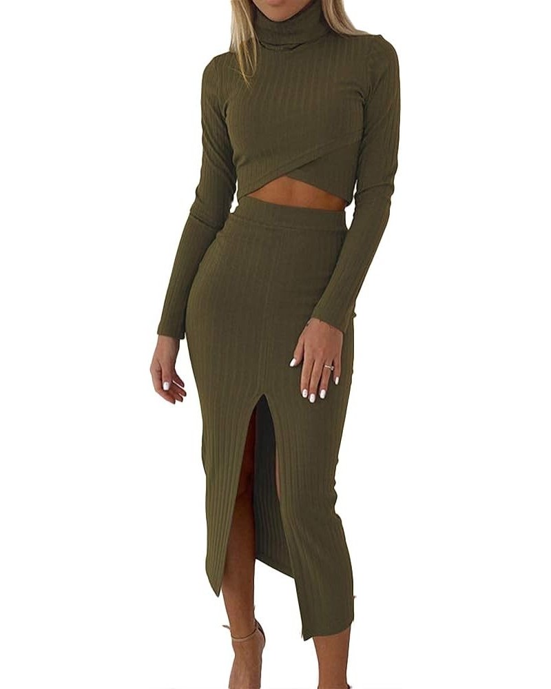 Women's Solid Color Outfits Long Sleeve Turtleneck Crop Top High Waist Split Skirts Bodycon 2 Piece Casual Sets Green $13.56 ...