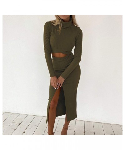 Women's Solid Color Outfits Long Sleeve Turtleneck Crop Top High Waist Split Skirts Bodycon 2 Piece Casual Sets Green $13.56 ...