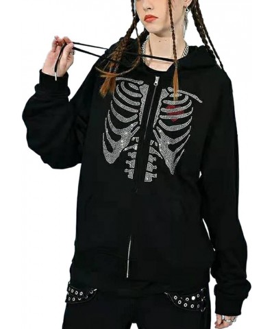 Women Zip Up Hoodie Rhinestone Skeleton Goth Clothes Vintage Oversized Sweatshirt Print Jacket Streetwear Coat G-skeleton Bla...