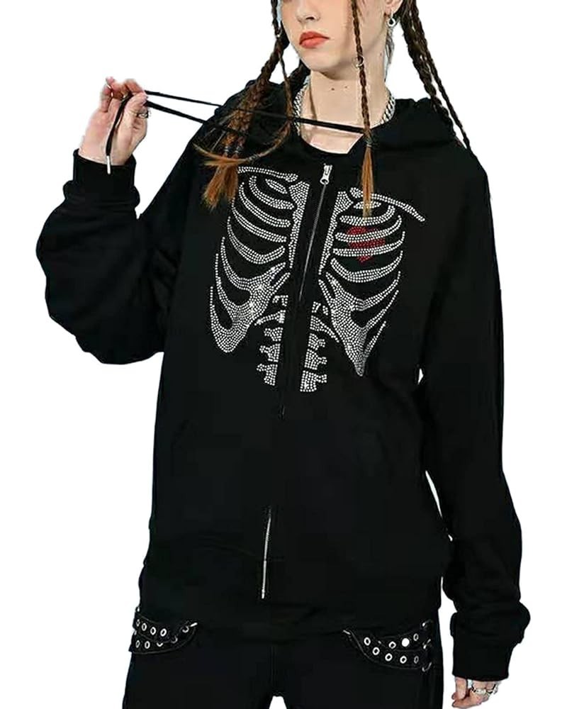 Women Zip Up Hoodie Rhinestone Skeleton Goth Clothes Vintage Oversized Sweatshirt Print Jacket Streetwear Coat G-skeleton Bla...