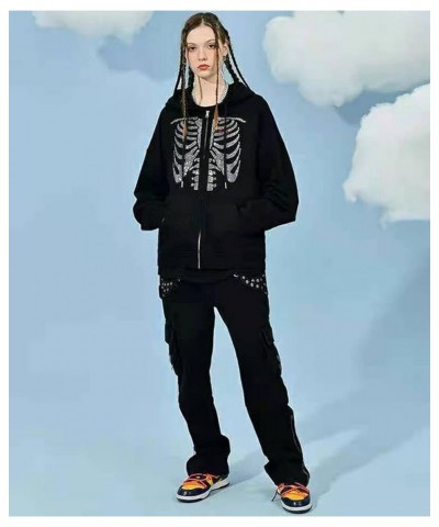 Women Zip Up Hoodie Rhinestone Skeleton Goth Clothes Vintage Oversized Sweatshirt Print Jacket Streetwear Coat G-skeleton Bla...