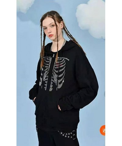 Women Zip Up Hoodie Rhinestone Skeleton Goth Clothes Vintage Oversized Sweatshirt Print Jacket Streetwear Coat G-skeleton Bla...