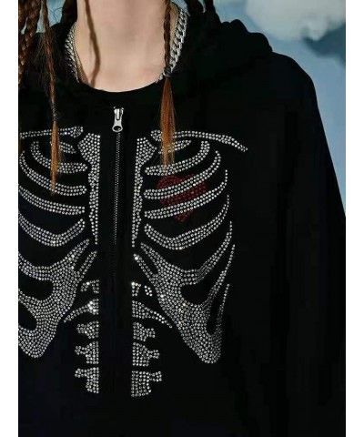 Women Zip Up Hoodie Rhinestone Skeleton Goth Clothes Vintage Oversized Sweatshirt Print Jacket Streetwear Coat G-skeleton Bla...