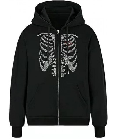 Women Zip Up Hoodie Rhinestone Skeleton Goth Clothes Vintage Oversized Sweatshirt Print Jacket Streetwear Coat G-skeleton Bla...