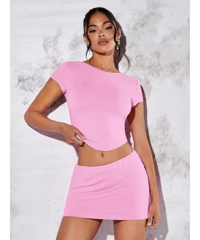 Women's Sexy Y2K Two Piece Outfits Going Out Crop Top and Bodycon Mini Skirt Set Light Pink $14.57 Suits