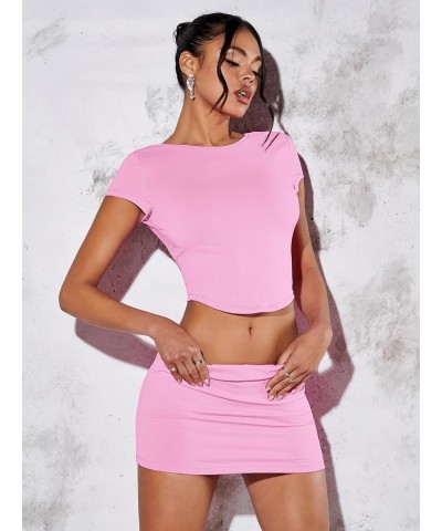 Women's Sexy Y2K Two Piece Outfits Going Out Crop Top and Bodycon Mini Skirt Set Light Pink $14.57 Suits