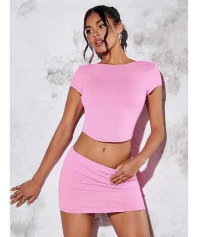 Women's Sexy Y2K Two Piece Outfits Going Out Crop Top and Bodycon Mini Skirt Set Light Pink $14.57 Suits