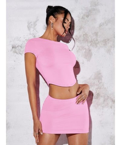 Women's Sexy Y2K Two Piece Outfits Going Out Crop Top and Bodycon Mini Skirt Set Light Pink $14.57 Suits