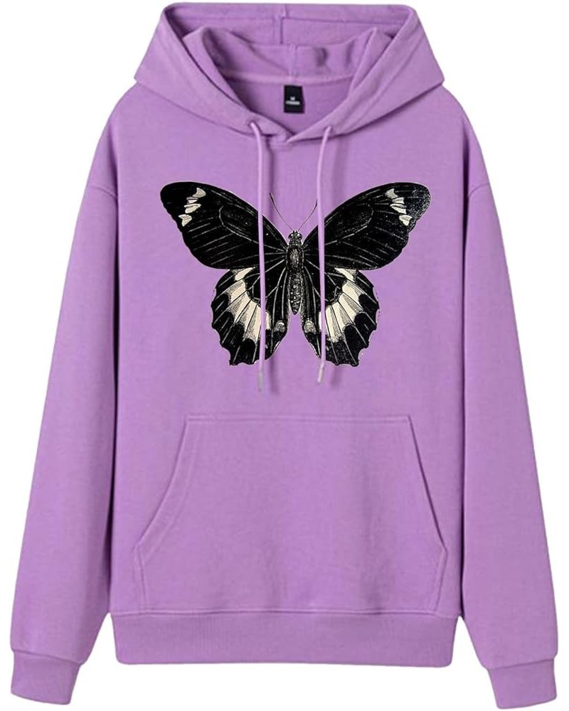 Women Casual Fashion Butterfly Print Hoodie Graphic Women's Floral Sweatshirt Casual Long Sleeve Hoodie Purple $14.24 Hoodies...