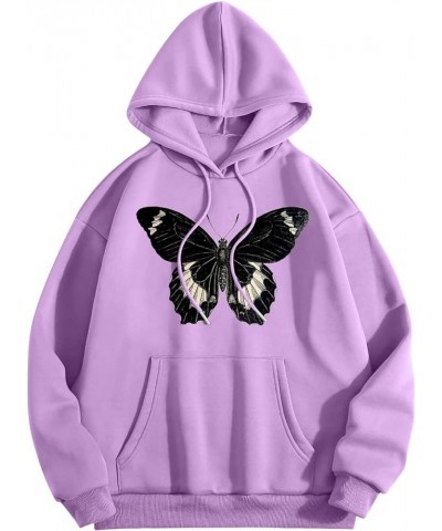 Women Casual Fashion Butterfly Print Hoodie Graphic Women's Floral Sweatshirt Casual Long Sleeve Hoodie Purple $14.24 Hoodies...