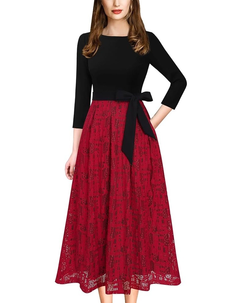 Womens Elegant Patchwork Pockets Print Work Casual A-Line Midi Dress Black and Red Lace $25.19 Dresses