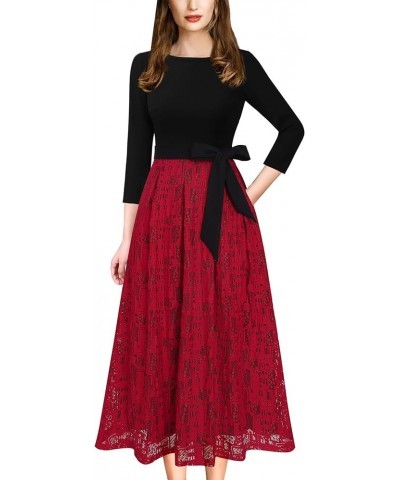 Womens Elegant Patchwork Pockets Print Work Casual A-Line Midi Dress Black and Red Lace $25.19 Dresses