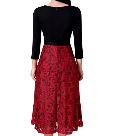 Womens Elegant Patchwork Pockets Print Work Casual A-Line Midi Dress Black and Red Lace $25.19 Dresses