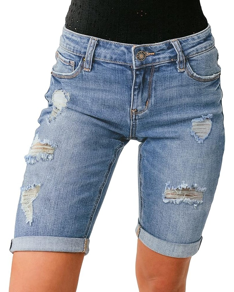 Women High Waisted Stretch Bermuda Shorts Ripped Rolled Hem Jean Shorts F Cool Blue $16.10 Shorts