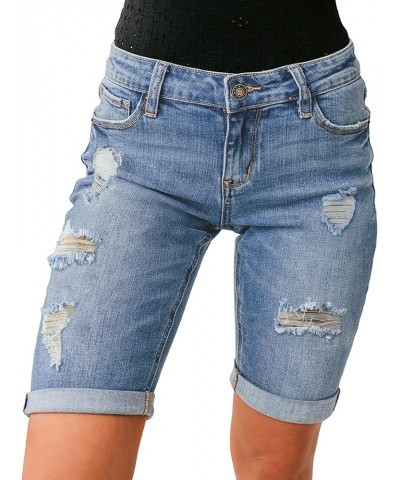 Women High Waisted Stretch Bermuda Shorts Ripped Rolled Hem Jean Shorts F Cool Blue $16.10 Shorts