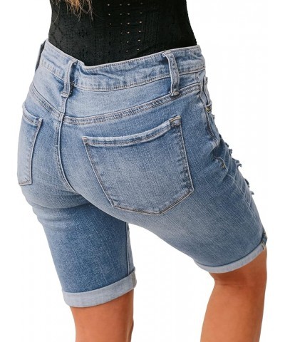 Women High Waisted Stretch Bermuda Shorts Ripped Rolled Hem Jean Shorts F Cool Blue $16.10 Shorts