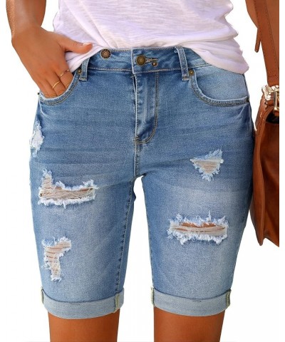 Women High Waisted Stretch Bermuda Shorts Ripped Rolled Hem Jean Shorts F Cool Blue $16.10 Shorts