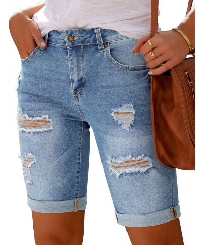 Women High Waisted Stretch Bermuda Shorts Ripped Rolled Hem Jean Shorts F Cool Blue $16.10 Shorts