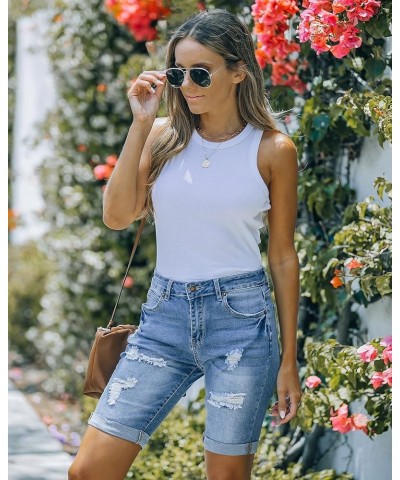 Women High Waisted Stretch Bermuda Shorts Ripped Rolled Hem Jean Shorts F Cool Blue $16.10 Shorts