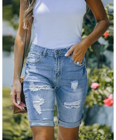 Women High Waisted Stretch Bermuda Shorts Ripped Rolled Hem Jean Shorts F Cool Blue $16.10 Shorts