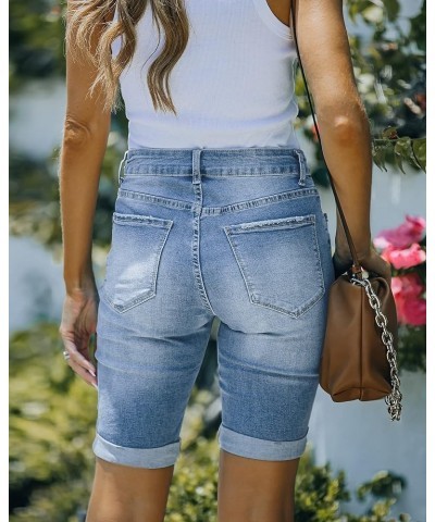 Women High Waisted Stretch Bermuda Shorts Ripped Rolled Hem Jean Shorts F Cool Blue $16.10 Shorts