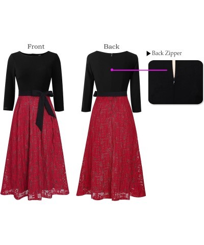 Womens Elegant Patchwork Pockets Print Work Casual A-Line Midi Dress Black and Red Lace $25.19 Dresses