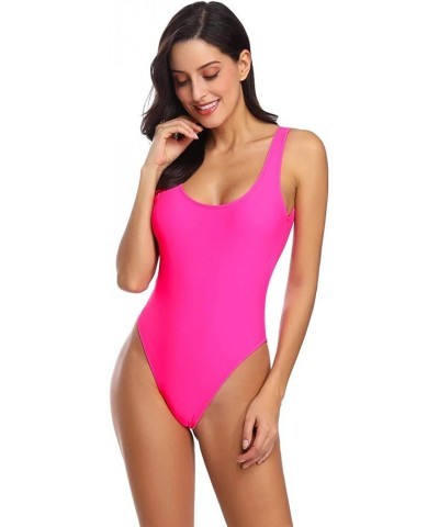 Women's Retro 80s/90s Inspired High Cut Low Back Padding One Piece Swimwear Bathing Suits Hot Pink With Padding $18.69 Swimsuits