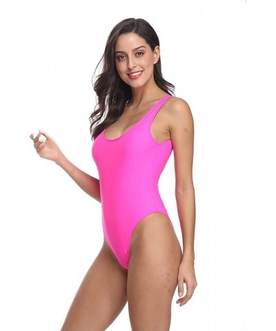 Women's Retro 80s/90s Inspired High Cut Low Back Padding One Piece Swimwear Bathing Suits Hot Pink With Padding $18.69 Swimsuits