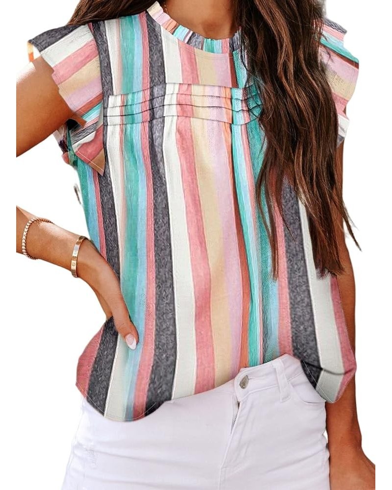 Women's Summer Ruffle Trim Neckline Tank Tops Double Lined Sleeveless Chiifon Shirts Blouses(S-XXL) A1-striped $13.74 Tanks