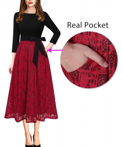 Womens Elegant Patchwork Pockets Print Work Casual A-Line Midi Dress Black and Red Lace $25.19 Dresses