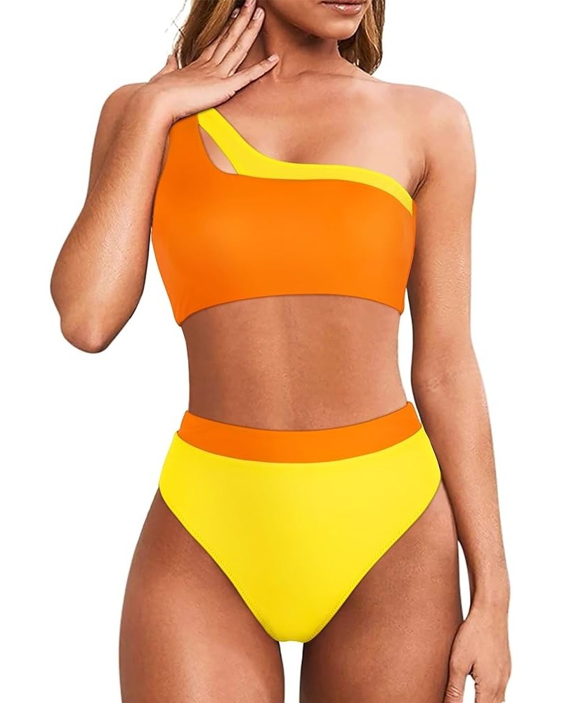 Women Cutout One Shoulder High Waisted Bikini High Cut Two Piece Swimsuits Yellow Orange-18 $21.45 Swimsuits