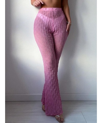 Women's Solid Sheer See Through High Waist Wide Leg Cover Up Pants Bathing Suit Pink $14.62 Swimsuits