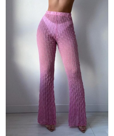 Women's Solid Sheer See Through High Waist Wide Leg Cover Up Pants Bathing Suit Pink $14.62 Swimsuits