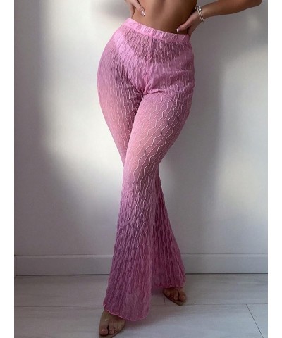 Women's Solid Sheer See Through High Waist Wide Leg Cover Up Pants Bathing Suit Pink $14.62 Swimsuits