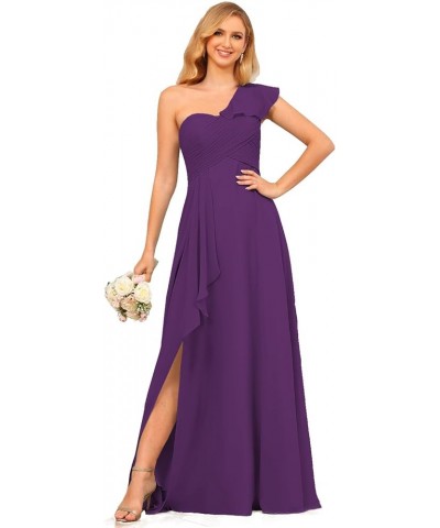 Chiffon One Shoulder Bridesmaid Dress with Slit Pleated Ruffles Long A Line Formal Prom Dress for Women AD001 Purple $26.95 D...