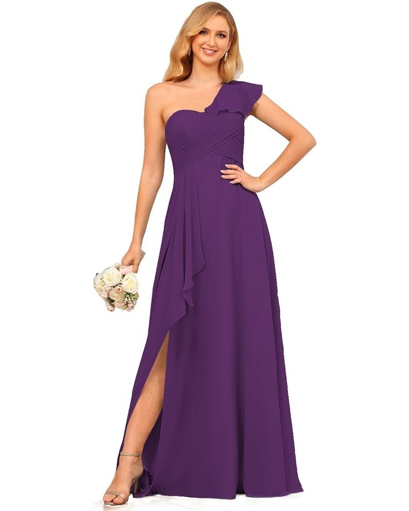 Chiffon One Shoulder Bridesmaid Dress with Slit Pleated Ruffles Long A Line Formal Prom Dress for Women AD001 Purple $26.95 D...