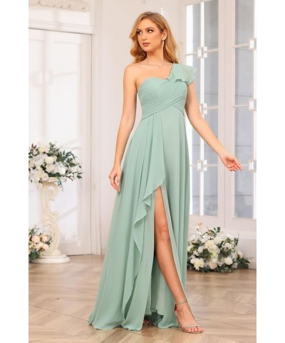 Chiffon One Shoulder Bridesmaid Dress with Slit Pleated Ruffles Long A Line Formal Prom Dress for Women AD001 Purple $26.95 D...