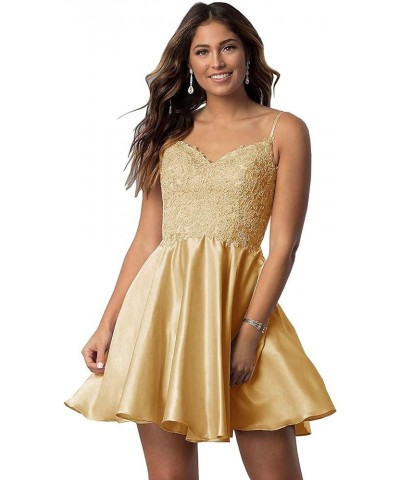 Short Lace Beaded Homecoming Dresses Spaghetti Strap Satin Evening Prom Gowns with Pockets Gold $33.59 Dresses