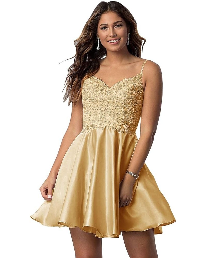 Short Lace Beaded Homecoming Dresses Spaghetti Strap Satin Evening Prom Gowns with Pockets Gold $33.59 Dresses