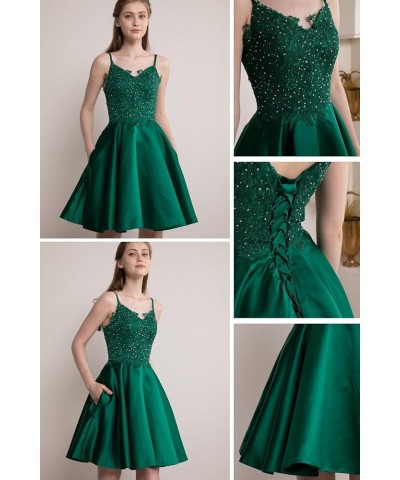 Short Lace Beaded Homecoming Dresses Spaghetti Strap Satin Evening Prom Gowns with Pockets Gold $33.59 Dresses