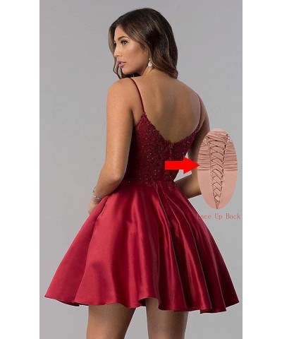 Short Lace Beaded Homecoming Dresses Spaghetti Strap Satin Evening Prom Gowns with Pockets Gold $33.59 Dresses