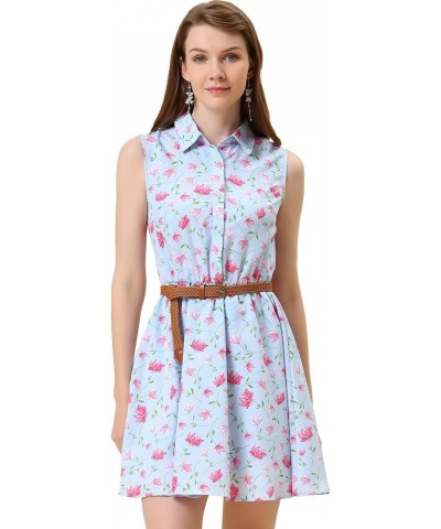 Women's Valentine's Day Floral Printed Half Placket Knee Length Sleeveless Spring Belted Dress Light Blue-pink Floral $13.92 ...