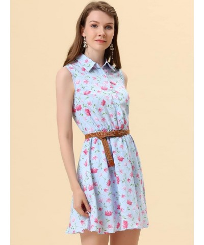 Women's Valentine's Day Floral Printed Half Placket Knee Length Sleeveless Spring Belted Dress Light Blue-pink Floral $13.92 ...