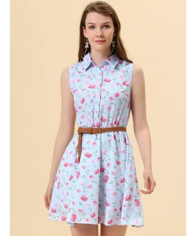 Women's Valentine's Day Floral Printed Half Placket Knee Length Sleeveless Spring Belted Dress Light Blue-pink Floral $13.92 ...