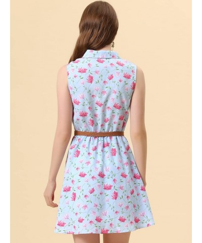 Women's Valentine's Day Floral Printed Half Placket Knee Length Sleeveless Spring Belted Dress Light Blue-pink Floral $13.92 ...